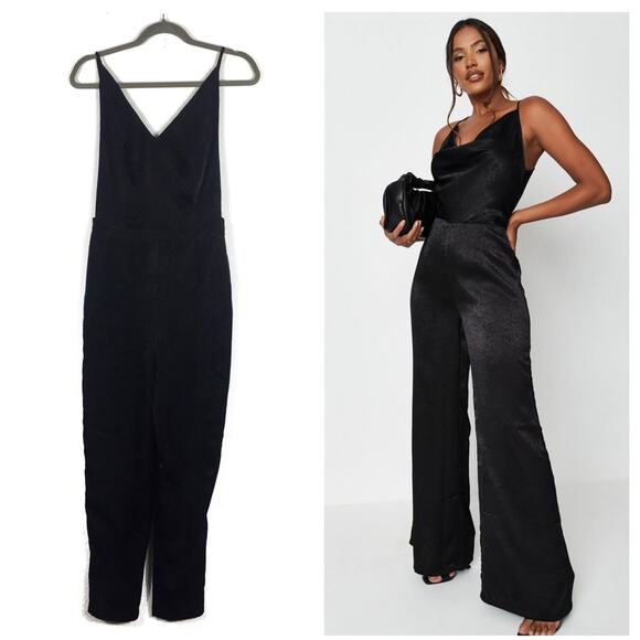 Nasty Gal Black Satin Open Back Surplice Cocktail Tapered Jumpsuit Small - Picture 1 of 12